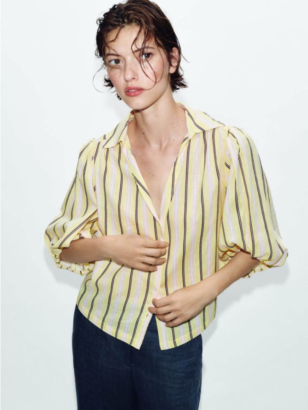 Zara linen blend puff sleeve shirt